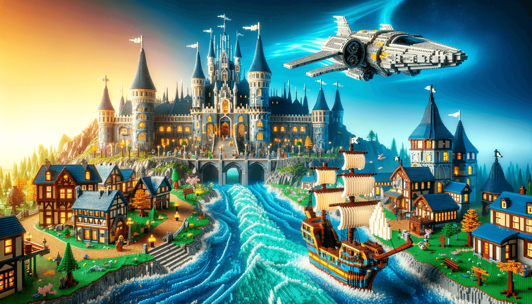 a landscape built out of lego bricks, consisting of a fairytale town with a castle on a hill, on the right a flying spaceship and on the bottom a pirate ship